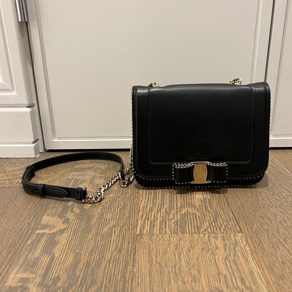 Salvatore Ferragamo Calfskin Studded Vara Bow Bag Black